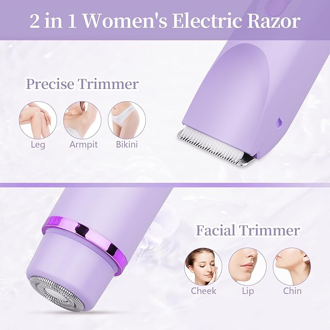 Ladies Electric Razor, 2 in 1 Dual Head Shaver Women, Bikini Trimmer for Women Personal Body Face Leg Arm Hair USB Charge Waterproof Wet and Dry (Purple)