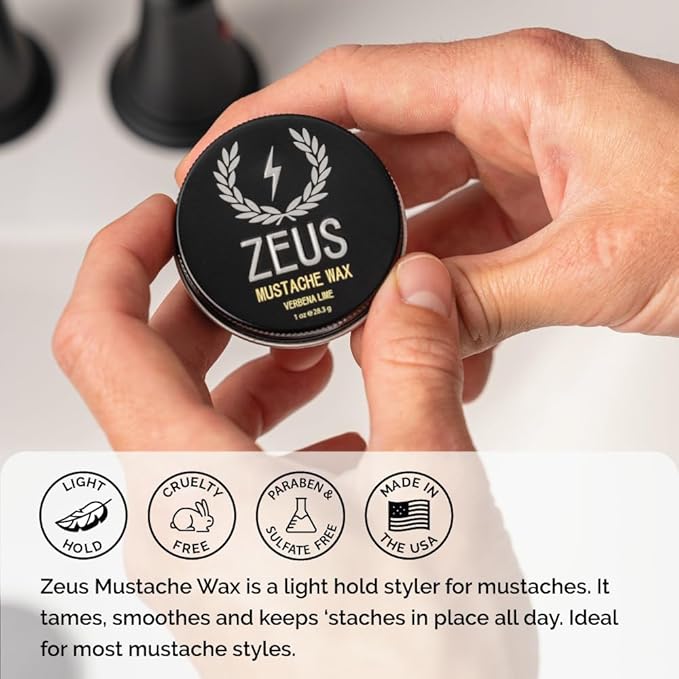 ZEUS Mustache Wax for Men with Natural Shine, Moisturizing & Conditioning Formula, Light to Medium Hold for Styling & Shaping Facial Hair (Made in USA) 1 oz.