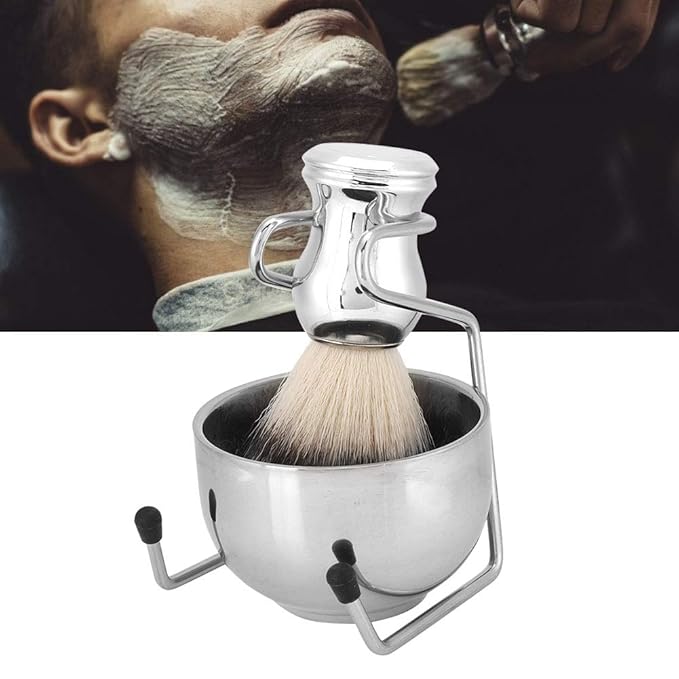 Shaving Brush Set, 3 in 1 Straight Razors Stand, Stainless Steel and Plastic Shaving Brush Holder for Household and Traveling (38092)