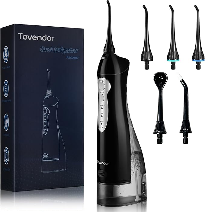 TOVENDOR Electric Water Dental Flosser Teeth Pick, Cordless Flossers Oral Irrigator IPX7 Waterproof 300ML Rechargeable Travel Water Teeth Cleaner with 5 Tips for Home Braces Care Gums Deep Cleaning