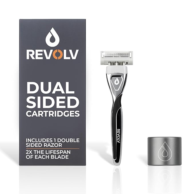 REVOLV - Men’s Razor - 1 Premium Weighted Handle + 1 Dual-Sided Cartridge + 1 Stand - For a Closer, Smoother Shave - Safe on Sensitive Skin - Black