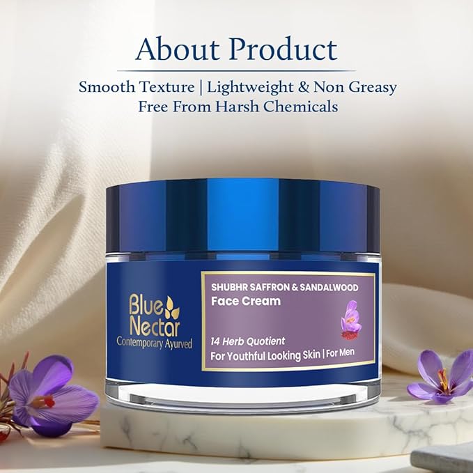 Blue Nectar Moisturizer Face Cream, Ayurvedic Anti Aging Wrinkle Cream for Aging Skin |Ancient blend of Saffron & Turmeric for Skin Firming | With Plant Based Collagen Booster(Men, 14 Herbs,1.7 Oz)