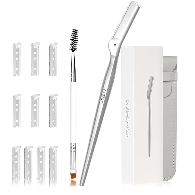 Stainless Steel Eyebrow Razor - Face Razors with Travel Cover & 10 Refill Blades, Eyebrow Brush - Help Exfoliate and Smooth Skin for Eyebrow, Leg, BIKINI, Facial, Beard Remove - L