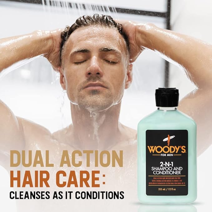 Woody's 2-in-1 Hair Thickening Shampoo and Conditioner for Men - Mens Conditioner for Fuller, Thicker Hair, Natural Scalp Care, 12 oz