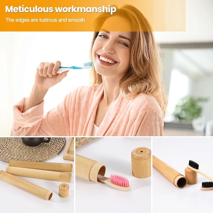 2 Pcs Natural Bamboo Toothbrush Storage Holder Empty Reusable Portable Toothbrush Case with Cover Personal Cleaning Tools Container Organizer Tube for Travel Trip