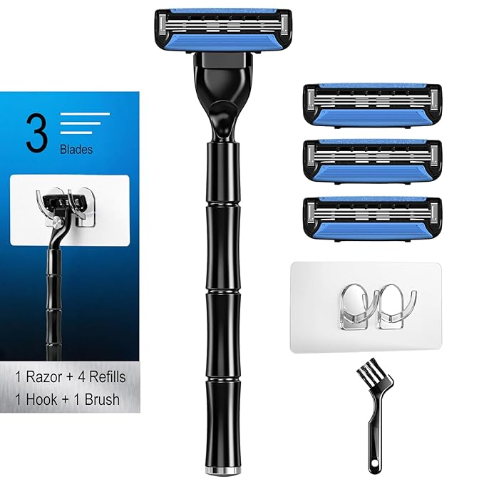 3-Blade Men Razor with Lubricating Strip & Pivoting Head - Safety Razor Blades Kit Includes 1 Handle, 4 Razor Blade Refills, Wall Hook & Cleaning Brush