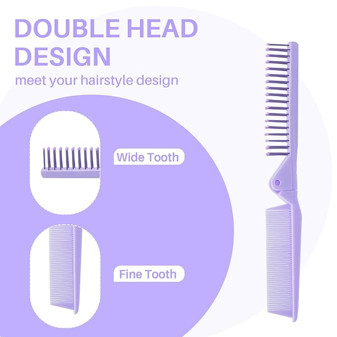 RHOS Brand Hair Comb, Double Head Folding Travel Hair Brush - Mini Pocket Size Comb for Women and Girls, Detangling Hair Comb for Purse, Bags, All Hair Types (Purple)