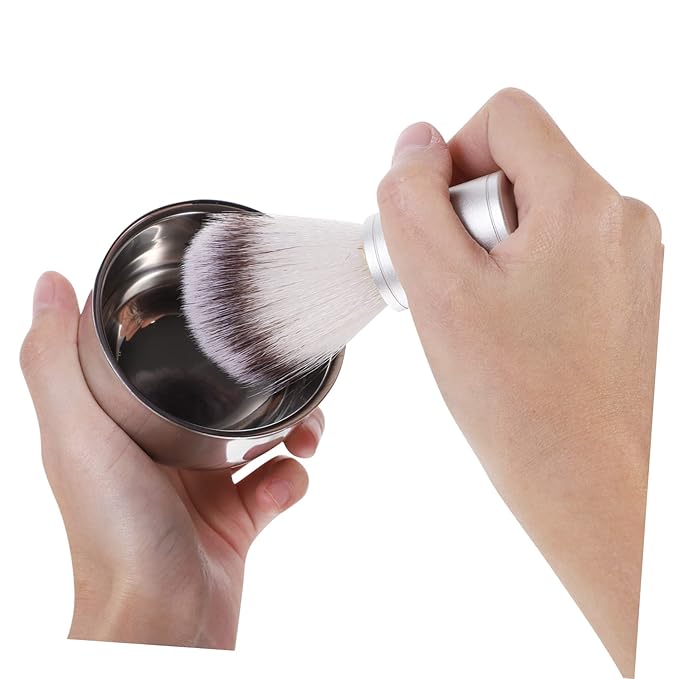 minkissy Nylon Hair Shaving Brush and Double Layer Stainless Steel Shave Bowl Lathering Mug for Traditional Wet Shaving Combination