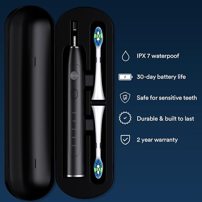 AURAGLOW Sonic Electric Toothbrush for Adults – Rechargeable, 40,000 VPM, 5 Modes, Removes 10x More Plaque, IPX7 Waterproof, Wireless Charging, 30-Day Battery, 2 Brush Heads & Travel Case