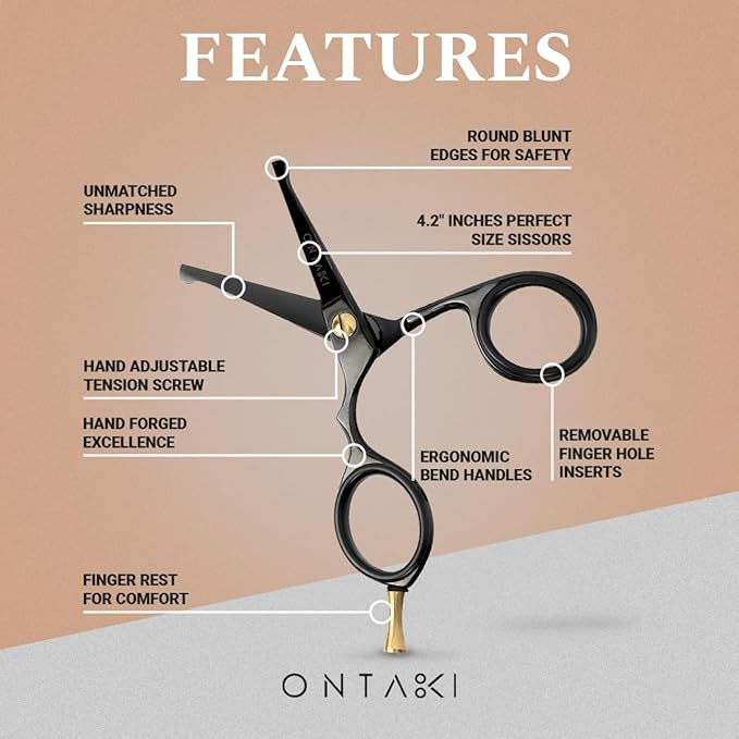 Ontaki Mustache Scissors - 4.2" Black Japanese Steel - Beard & Nose Hair Trimming Scissors for Men - Rounded Tip Ergonomic Handles - Hand-Forged Mustache Grooming Kit