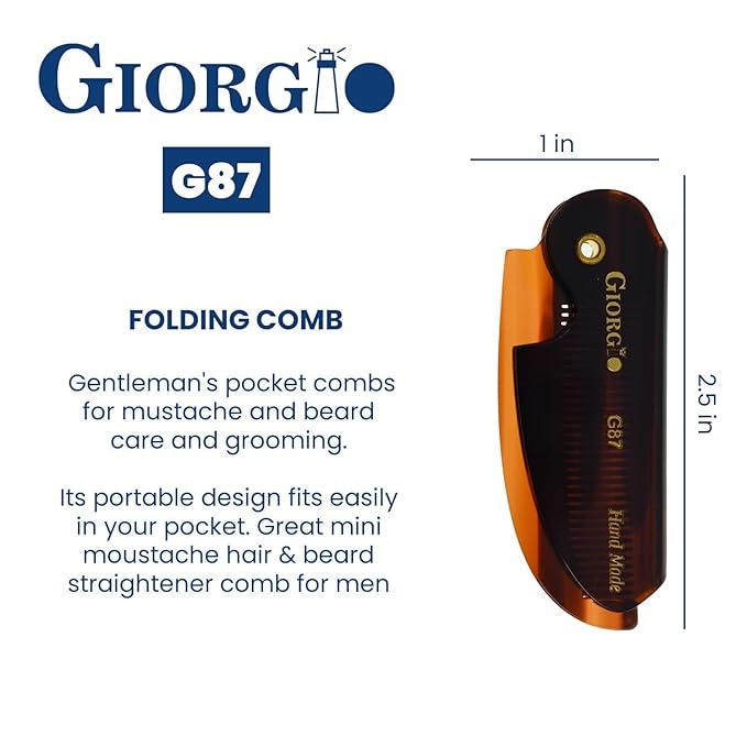 Giorgio G87 Folding Mustache and Beard Comb for Men - Handmade, Saw-cut, Hand Polished Pocket Styling Comb for Everyday Grooming and All Type of Hair Care (Tortoiseshell)