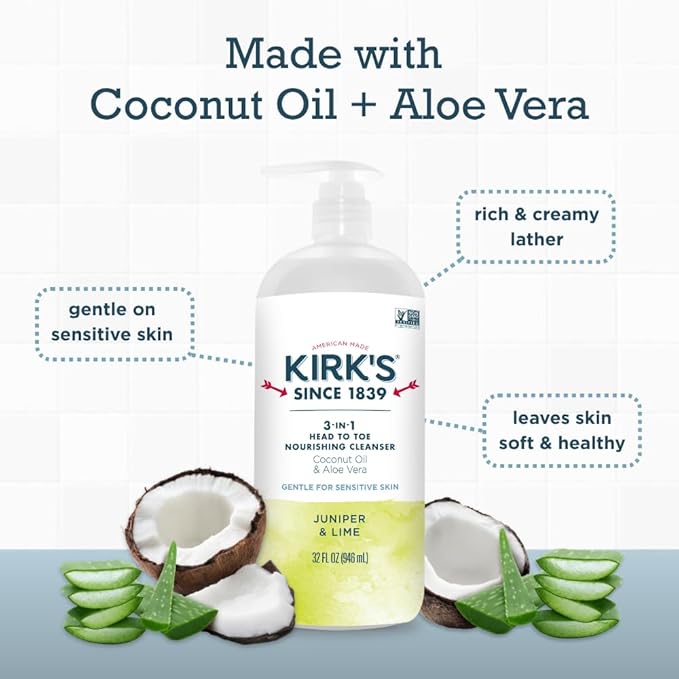 Kirk's 3-in-1 Head to Toe Nourishing Liquid Cleanser & Travel Size Bar Soap - for Men, Women & Children - Premium Coconut Oil and Aloe Vera- Non GMO & Vegan -Juniper & Lime - 32 Fl Oz. 2 pack
