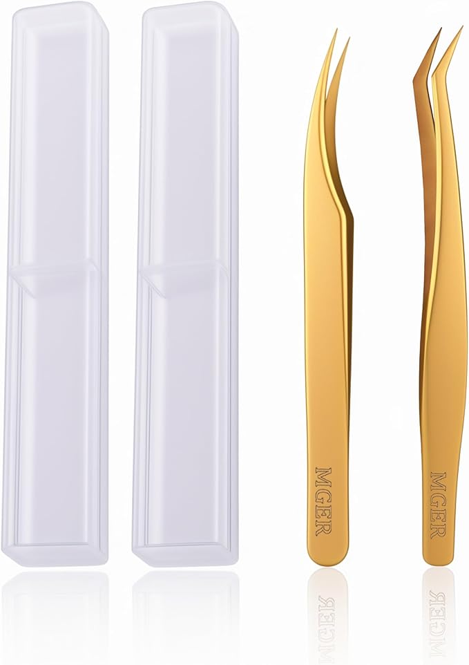 MGER Lash Tweezers for Eyelash Extension-Professional Lashing Tweezers for Mega Volume Mink Eyelashes Extensions Applying, Gold tweezers