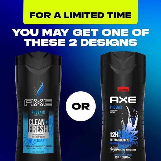 AXE Body Wash Phoenix 12h Refreshing Scent Crushed Mint & Rosemary Men's Body Wash with 100% Plant-Based Moisturizers 16 oz,(Pack of 8)