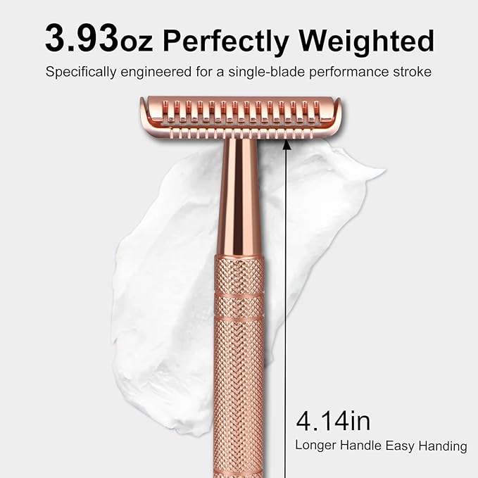 Single Blade Razors for Women, Stainless Steel Safety Razor with 10 Double Edge Blades, Reusable Metal Razor, Smooth Close Gentle Shave, Plastic Free, Rose Glod