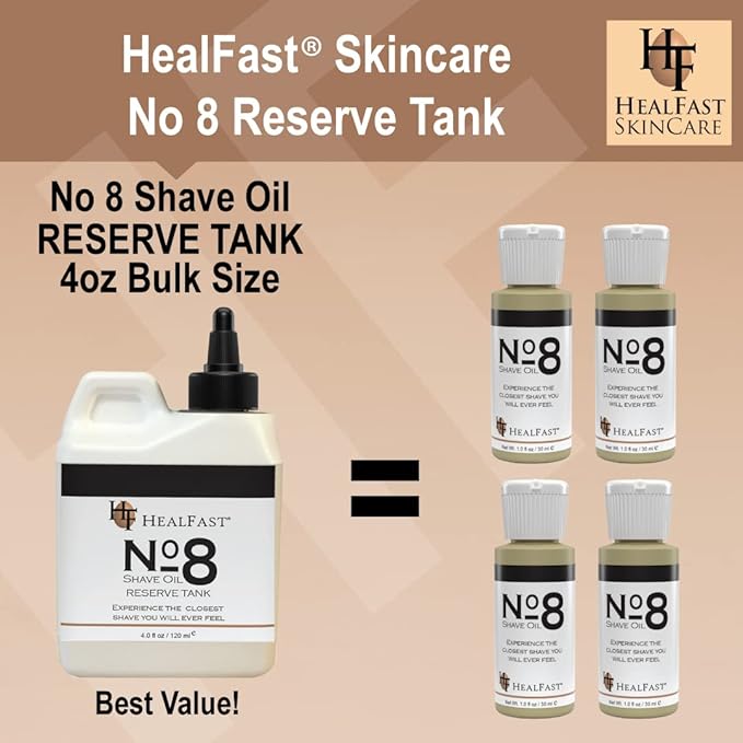 Healfast No 8 Shaving Oil Reserve Tank 4 Oz – Softens, Cleanses Pores – Prevents Razor Drag, Burn & Ingrown Hairs – Shave Oil for Men & Women – Can be used Before & After-Shave