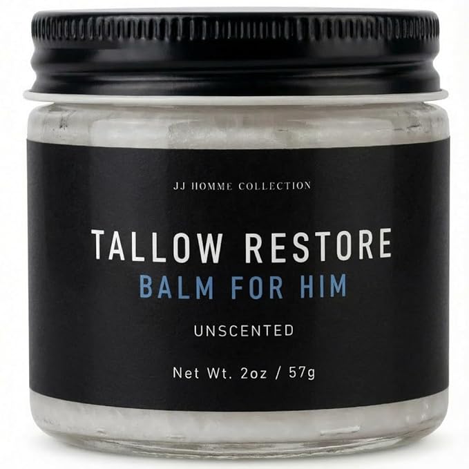 Beef Tallow Restore Balm For Men - Whipped Grass-Fed Beef Tallow Balm Moisturizer for Face Hydration - Anti Aging Skin Cream - Natural Facial Skincare Lotion with Essential Oils (2oz, Unscented)