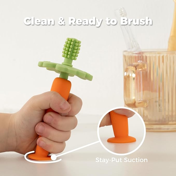 Papablic Baby Toothbrush Teether, 360° Carrot Toothbrush Teething Toy with Suction Base, Easter Gift Travel Essentials for Toddler Infants 6-12 Months