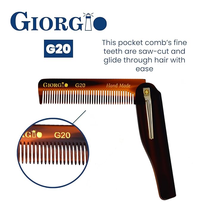 Giorgio G20 Folding Mustache and Beard Comb - Fine Tooth Travel Comb for Everyday Styling and Hair Care - Handcrafted Sawcut and Hand Polished (TortoiseShell)