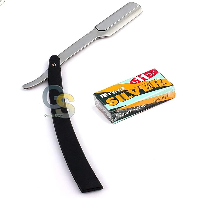 G.S BLACK STRAIGHT BARBER EDGE STEEL RAZOR FOLDING SHAVING KNIFE WITH 11 BLADES RAZORS