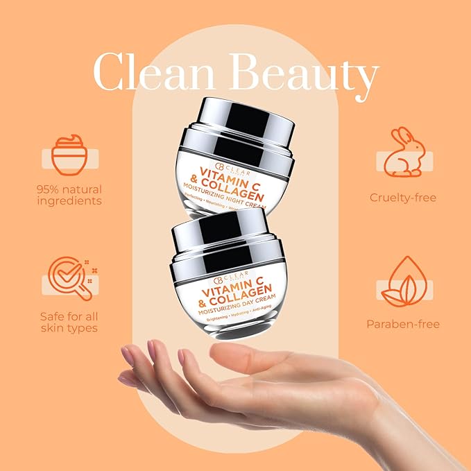 Clear Beauty Vitamin C & Collagen Face Moisturizer - Hydrating Anti Aging Day & Night Cream - Firms Smooths & Evens Skin Tone - Dermatologist Tested, Korean Skin Care Set, Clean Beauty - Duo Pack