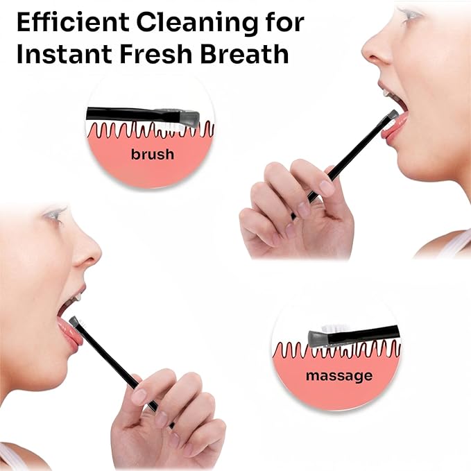 6-Pack Tongue Brush and Scraper for Adults - 3-in-1 Cleaner for Oral Hygiene and Fresh Breath, Black