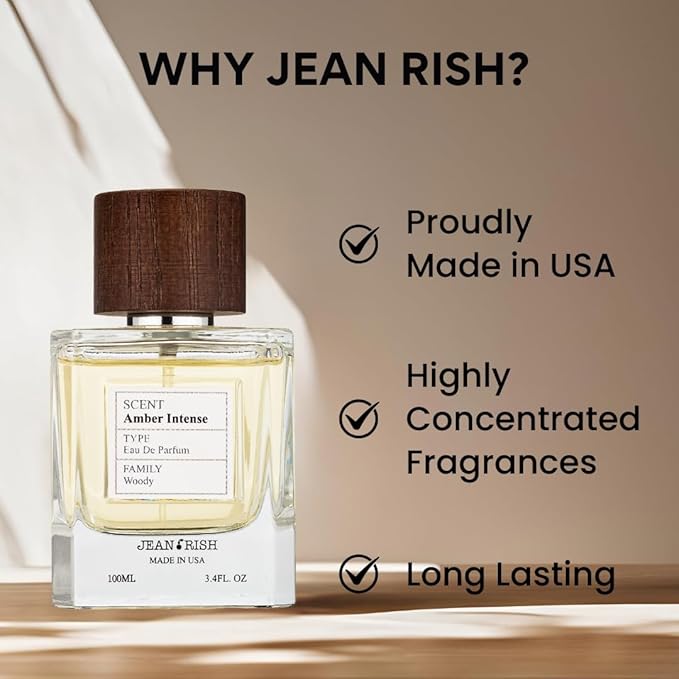 Jean Rish Amber Intense, Eau De Parfum for Men (3.4 Fl Oz / 100 ml) with Mandarin, Cinnamon, Amber – Long Lasting and Luxury Fragrance, Made In USA