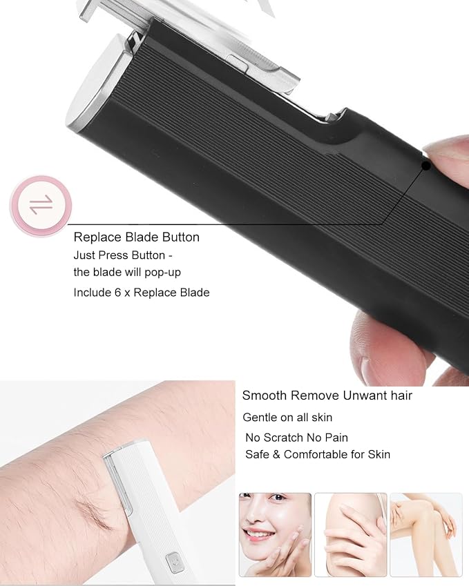 Electric Facial Exfoliator for Women, 2 Speed Vibrate Dermaplaning Face Razor for Peach Fuzz,Exfoliation & Body Hair Removal with 6 Replace Blades - Safety Micro-Guards (White)