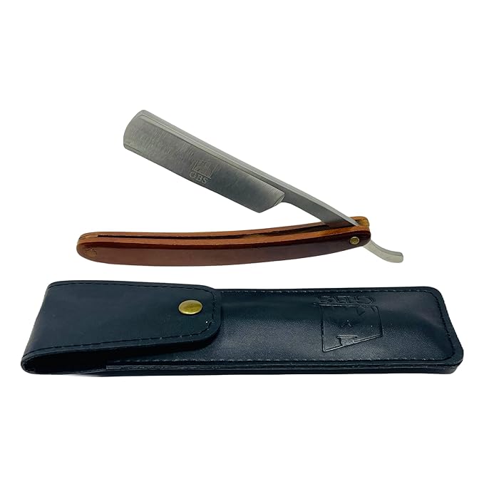 G.B.S Wooden Handle Straight Edge Stainless Steel Barber Shaving Straight Razor, Handmade, Extra Sharp With Leather Razor Travel Case