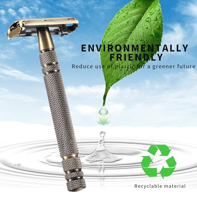 Double Edge Safety Razors,Classic Men Shaving Butterfly Open Razor - Bronze Long Handle Women Razors With 5 Blades,Reusable Metal Brass Manual Shaver Close Comb
