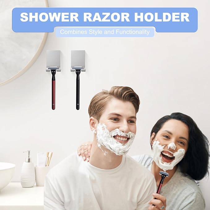 VIS'V Adhesive Razor Holder, Wall Mount Shower Razor Hooks for His and Hers, Metal, Waterproof, Silver, 2 Pcs