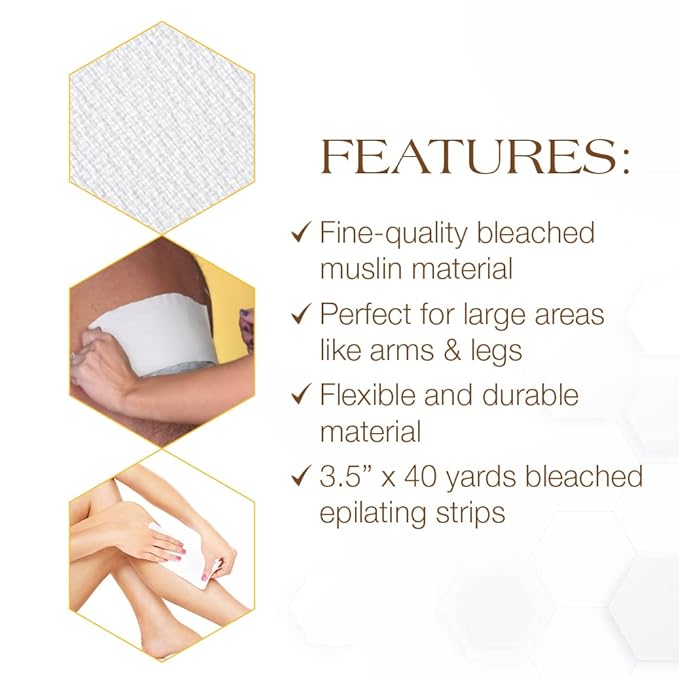 GiGi Bleached Muslin Epilating Roll for Soft Wax – Professional Hair Removal Waxing Strip Roll, 40 Yards