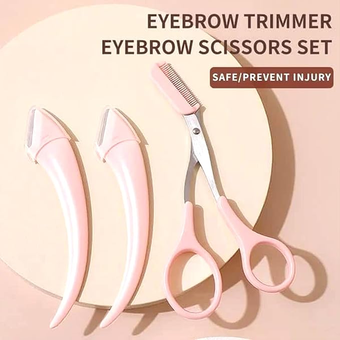 ONEUPIN 6PCS Curved Eyebrow Trimmer Set Stainless Steel Razor Scissors With Comb, Beauty Tool for Beginners, Suitable for Any Skin Type, Hair Removal Accessories for Men Women
