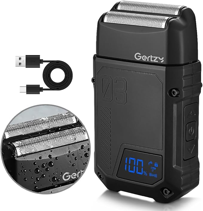 Gertzy Electric Shaver for Men Face, Men's Razor, Cordless Beard Foil Shavers, Wet Dry Waterproof, 3-Speed Adjustable Shaving,Rechargeable Type-C Charging, LED Display (Black)
