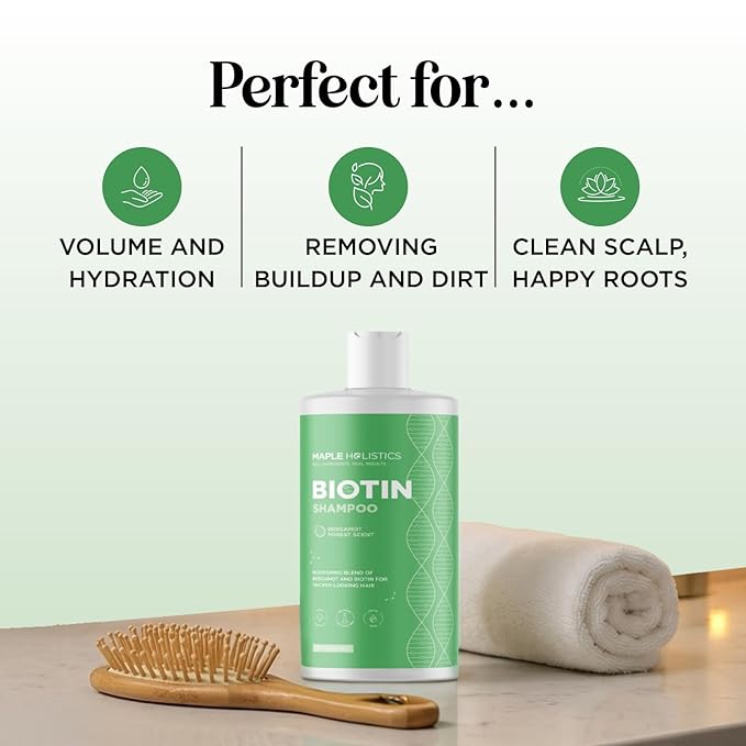 Woodsy Biotin Shampoo for Thinning Hair - Volumizing Shampoo for Fine Hair with B Vitamins Rosemary Bergamot Spruce & Tea Tree Oils - Paraben Silicone and Sulfate Free Vegan Formula (16 Fl Oz)