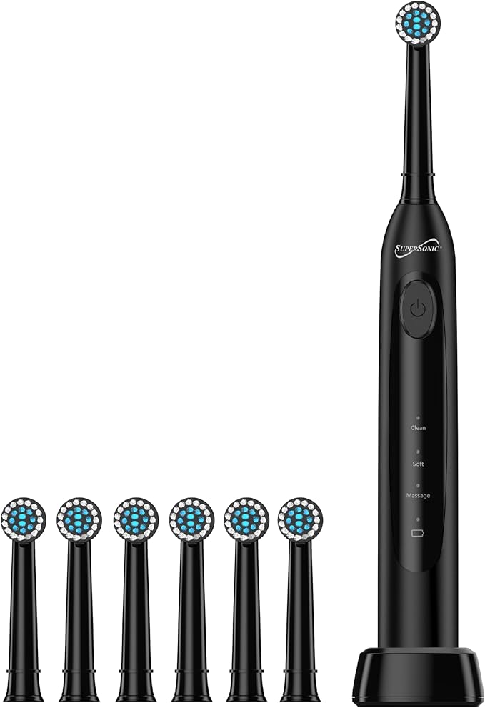 Supersonic TB-1000 Sonic Zoom+ Advanced Rotating Electric Toothbrush | 8,800 OPM | Wireless Charging | 3 Cleaning Modes | 6 Brush Heads | Auto Timer | Travel Case | Black