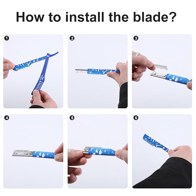 Professional Straight Razor Holder for Barbers – Folding Shaving Razor Handle, Stainless Steel Blade Compatible, for Barber Shop & Home Grooming (Blue)
