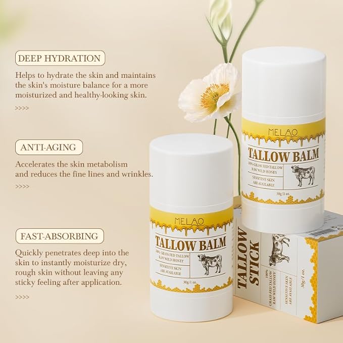 Tallow Balm Stick - Multi-Purpose Moisture Stick for Face & Body, Tallow and Honey Balm for Dry Skin, Lips & Cuticles, Soothing & Hydrating, Beef Tallow Moisturizer