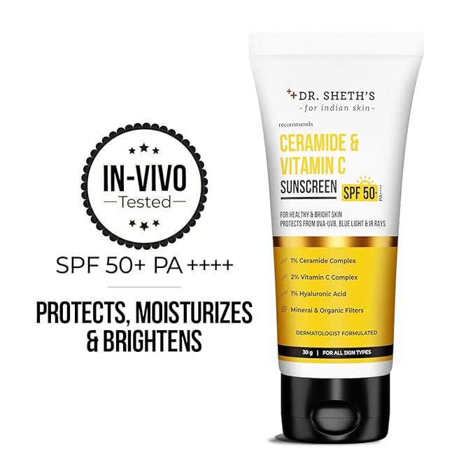 Dr. Sheth's Ceramide & Vitamin C Sunscreen | In-Vivo Tested | SPF 50+ Pa++++ | Healthy Glow | Non-Greasy, Quick-Absorbing | Women & Men | All Skin Types, 30G