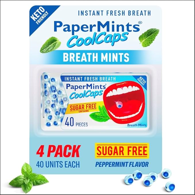 PaperMints CoolCaps Peppermint Breath Mints - Dual Action Liquid Capsules - Instant Fresh Breath Freshener, Fast-Disolves, Sugar-Free Mint Capsules 4 Pack of 40 pieces - 160 Total.
