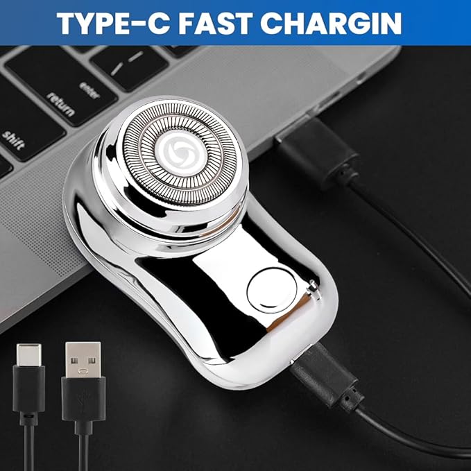Mini Travel Electric Shaver, Portable Pocket Size Rechargeable Shaving Razor Lightweight Razor with Battery Power Display Wet & Dry Rotary for Teen Office Business (Silver)