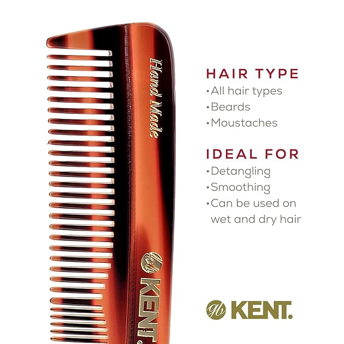 Kent R7T Fine and Wide Tooth Hair Comb, Handmade Pocket Comb for Men, Best Beard and Mustache Comb for Everyday Grooming and Styling, Sawcut, Made in England