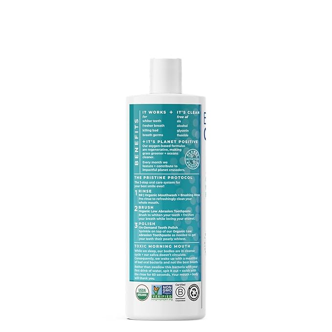 Essential Oxygen, Certified Organic Brushing Rinse, Cinnamint, 16 fl oz, All Natural Mouthwash for Whiter Teeth, Fresher Breath, and Happier Gums, Dentist Recommended, Alcohol-Free, BR (Pack of 1)