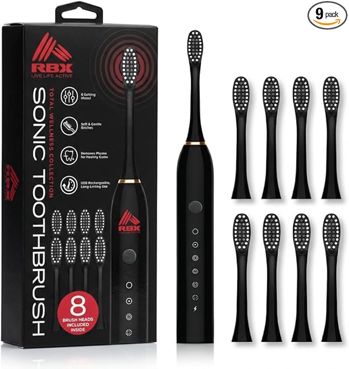 RBX Sonic Electric Toothbrush - Rechargeable Electric Toothbrush with 8 Brush Heads, Compact Travel Toothbrush, Ergonomic Handle, 6 Settings
