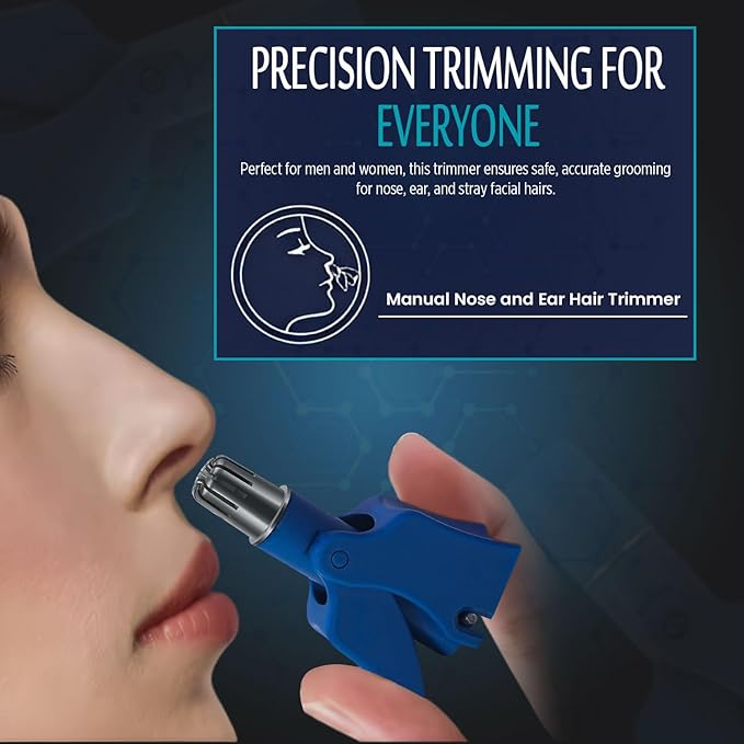 Stainless Steel Hair Trimmer for Men and Women | Manual Nose and Ear Hair Trimmer | Nose Clippers, 360° Rotating Hair Trimmers | Washable Nose Hair Remover | Blue
