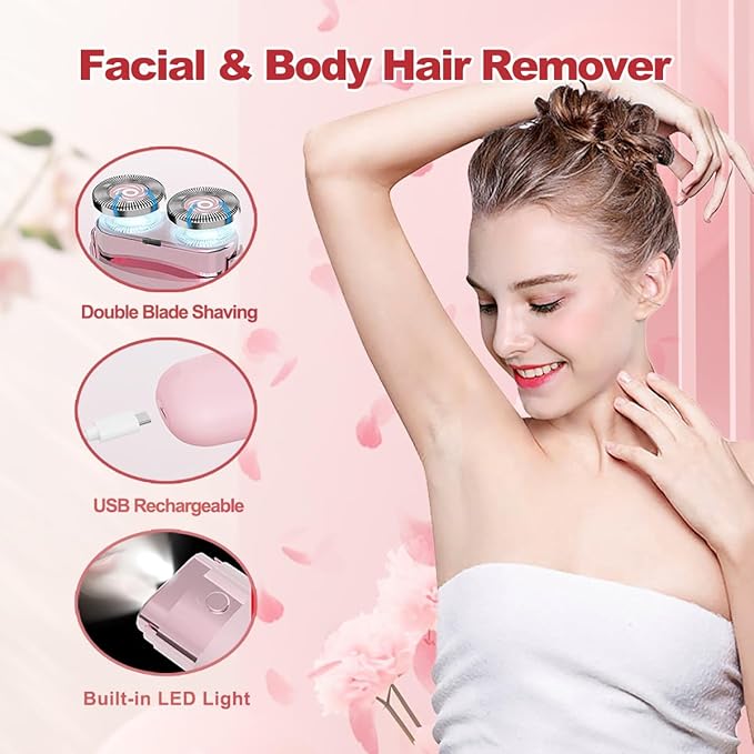 Facial Hair Removal for Women, Portable Painless Lady Shaver with Built-in LED, Wet/Dry Electric Razor Hair Remover Device for Face/Lips/Peach/Fuzz