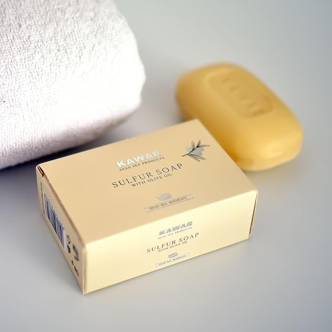 KAWAR Dead Sea Sulfur Soap with Olive Oil, Relief Skin Conditions Such as Acne, Psoriasis, Eczema & Blackheads, for Oily to Normal Skin, Vegan Soap Bar for Men & Women, 4.2 oz
