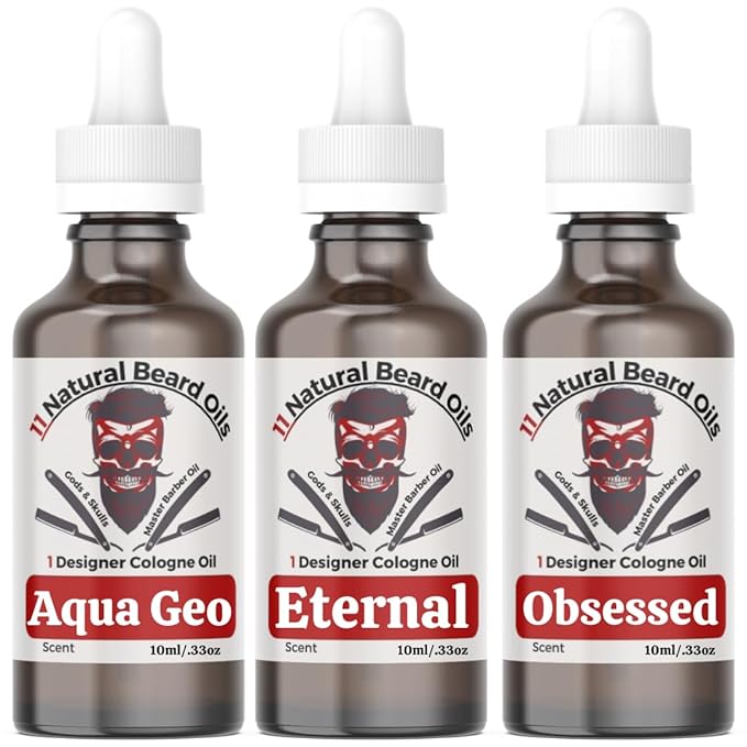 Luxury Anti-Aging Beard & Body COLOGNE | 11 Natural Oils with Plant Retinol for Revitalizing Skin and Hair (Aqua Geo, Eternal, Obsessed) 3-0.33oz=1oz Sample Pack