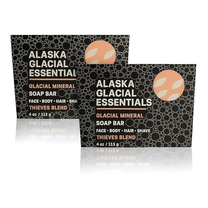 Alaska Glacial Cold-Process Mineral Clay Soap Bar made with Organic Oils | Face, Body, Shampoo & Shave | Hydrates & Detoxifies | For All Skin Types – Thieves Blend, 2 Pack