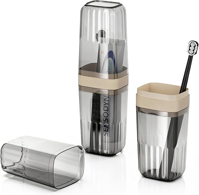Toothbrush Travel Case, Large Enclosed Toothbrush and Toothpaste Holder Travel Container with Rinse Cup, Portable Bathroom Tooth Brush Storage Case Cover Protector for Traveling, Clear Grey